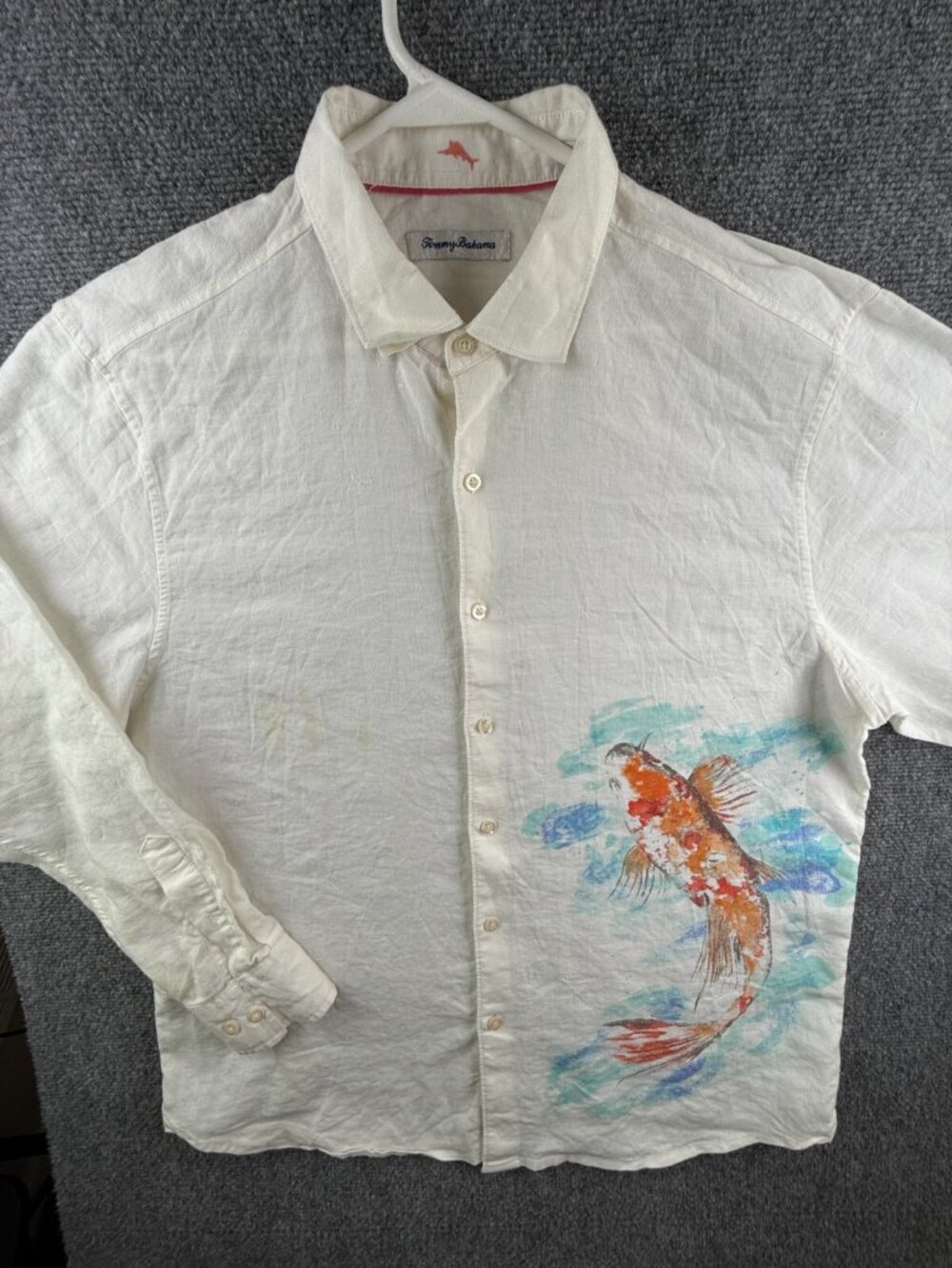 Tommy Bahama LINEN Blend Long Sleeve Button Up Shirt White Large Koi Fish Print*